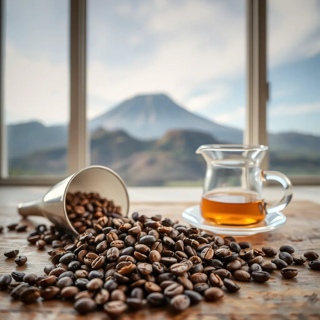 Fresh roasted coffee beans and a pour-over cup with a warm mountain backdrop