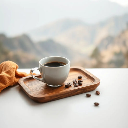 Cup of medium roast Guatemalan coffee with coffee beans on a wooden tray