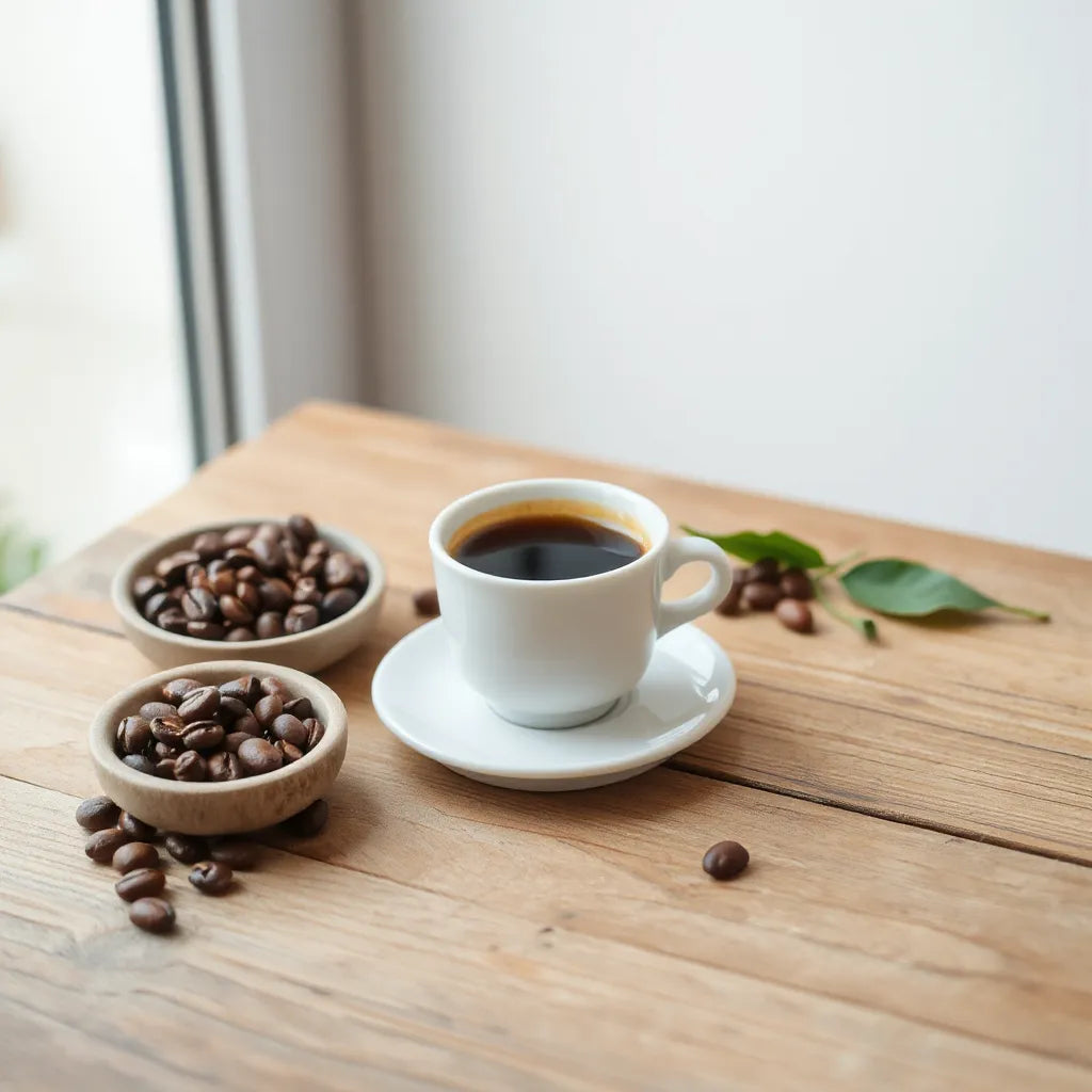 A cup of pour-over specialty arabica with coffee beans, cherries, and leaves on a wooden table
