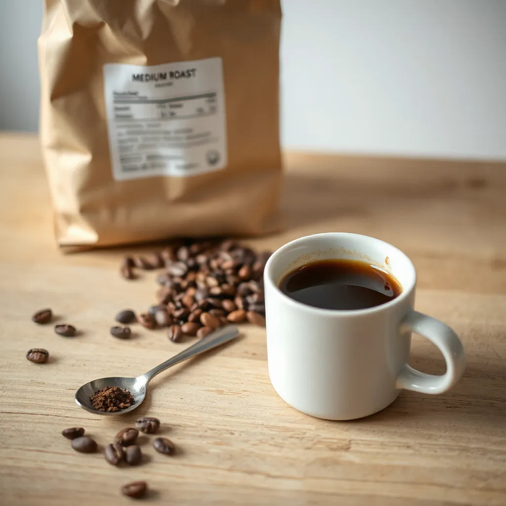 Freshly brewed medium roast coffee in a ceramic cup with scattered coffee beans on a wooden surface