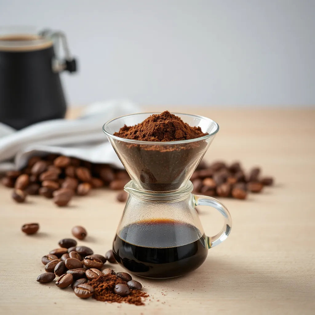 Freshly ground specialty coffee with pour-over brewing setup and a few coffee beans in soft natural light