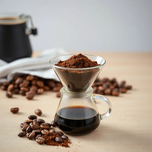 Freshly ground specialty coffee with pour-over brewing setup and a few coffee beans in soft natural light