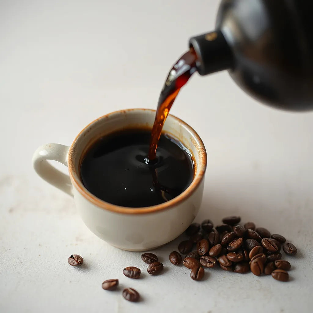 Dark roast coffee in a ceramic cup with roasted beans on a dark background