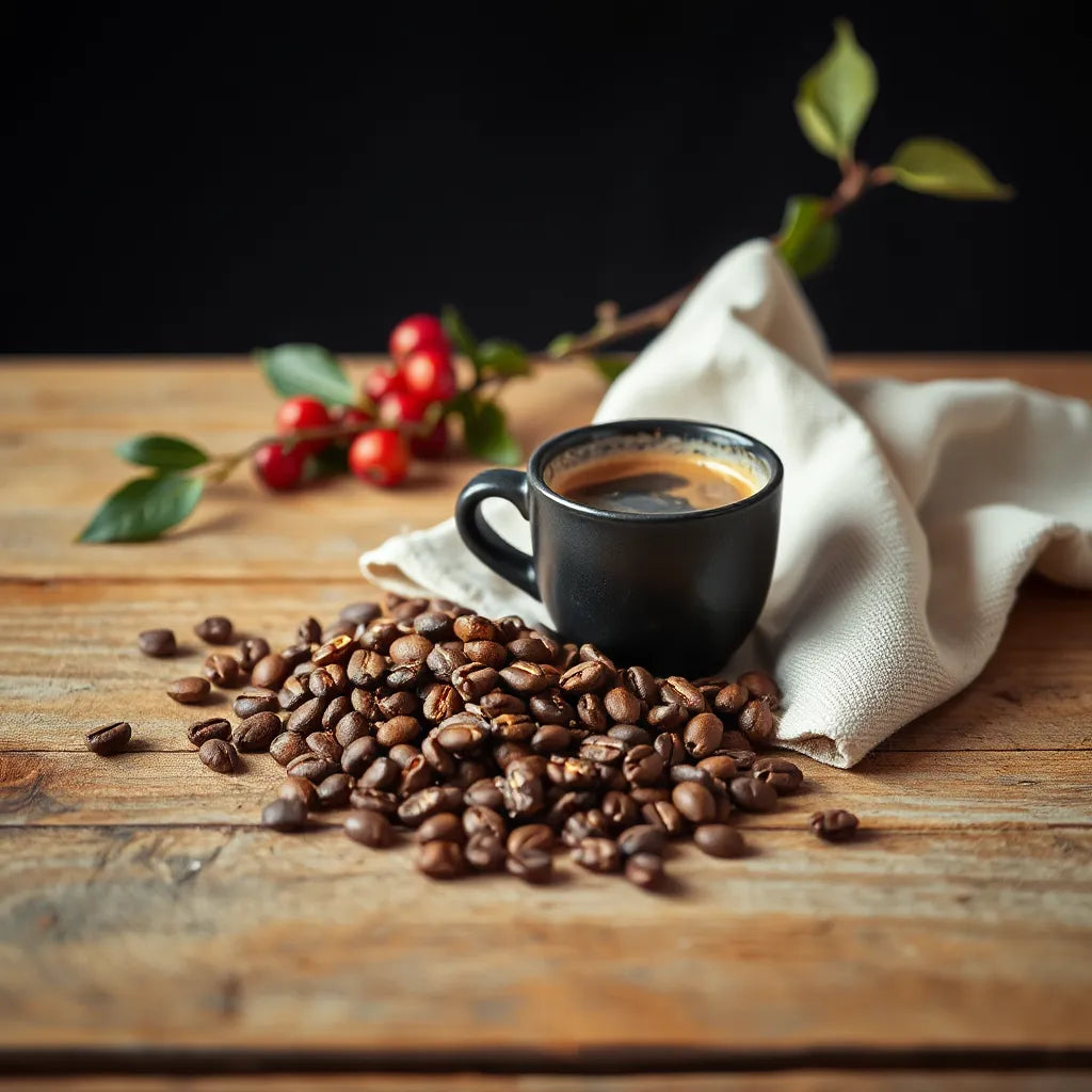 Fresh roasted Guatemalan coffee beans beside a dark cup with light crema on a wooden table