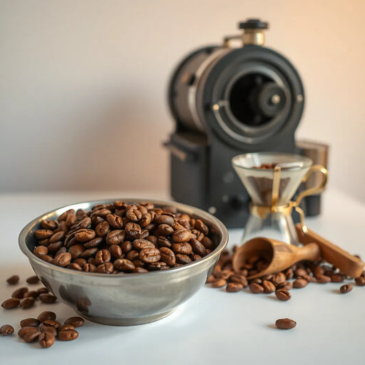 Freshly roasted coffee beans in a bowl with a small roaster and pour-over setup in the background