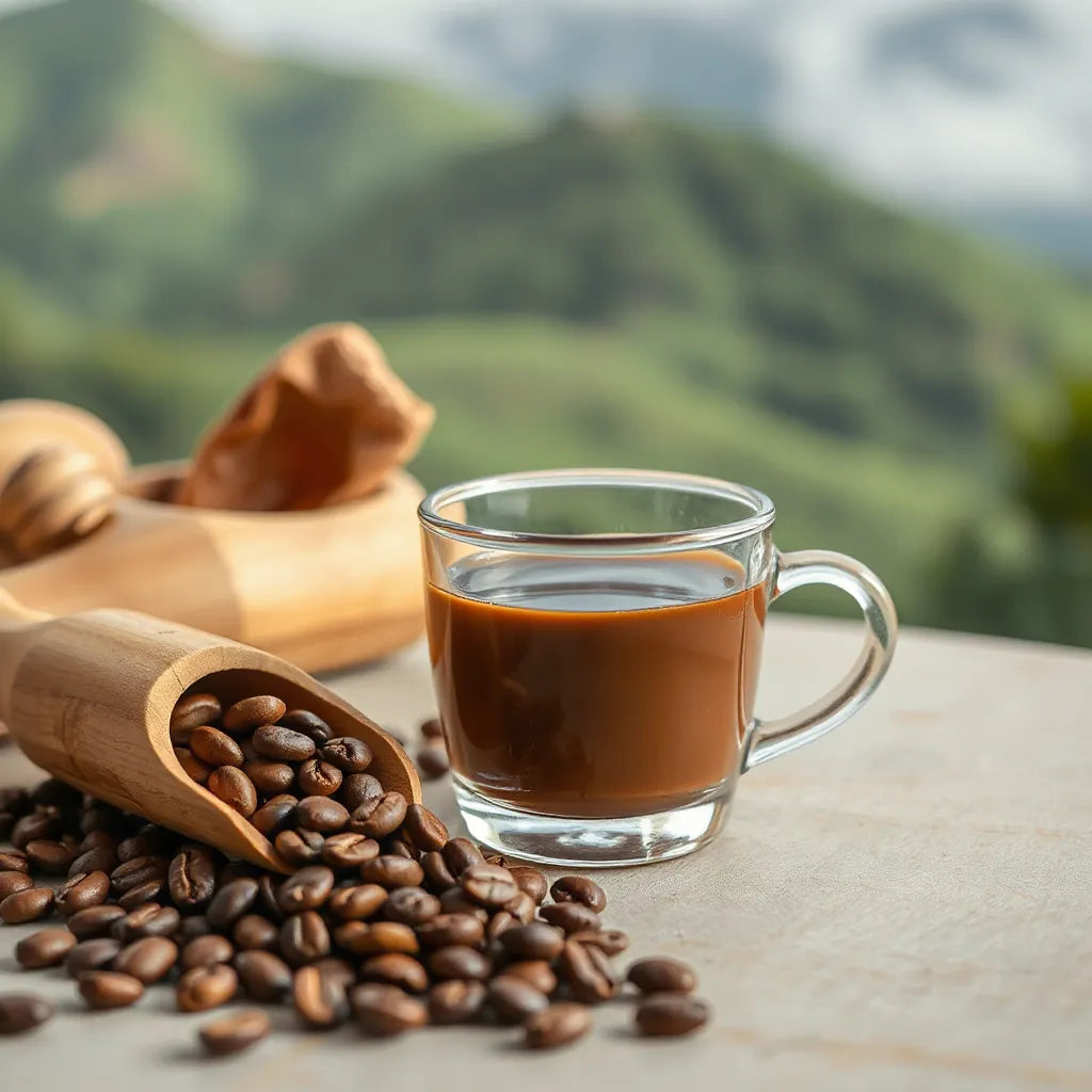 A cup of freshly brewed single origin coffee with roasted beans on a wooden surface