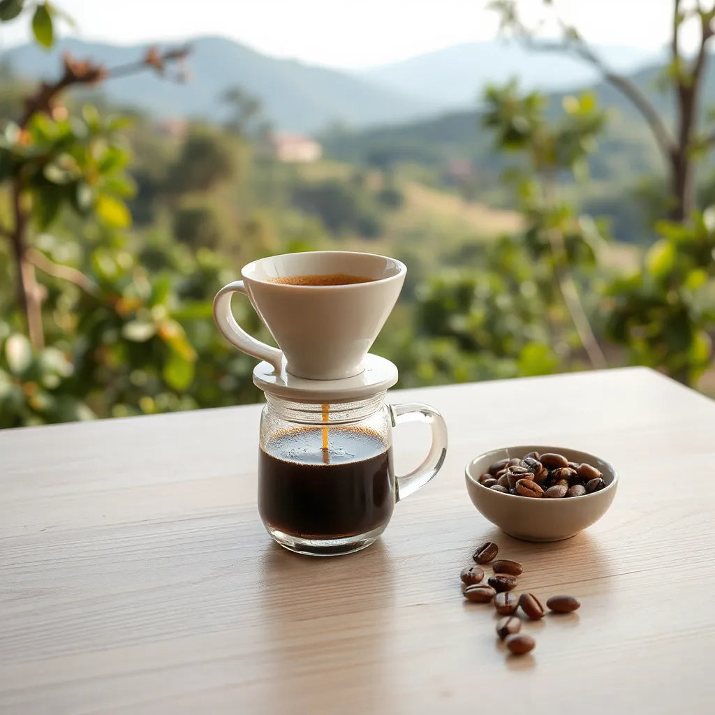 Pour-over cup of single origin coffee with roasted beans on a light wood table in warm daylight.