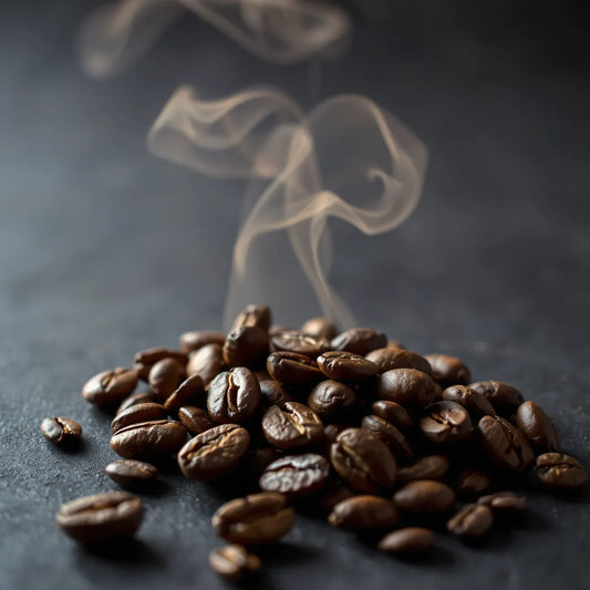 Cinematic close-up of roasted coffee beans with warm steam in dark, moody lighting for a Guatemalan brew