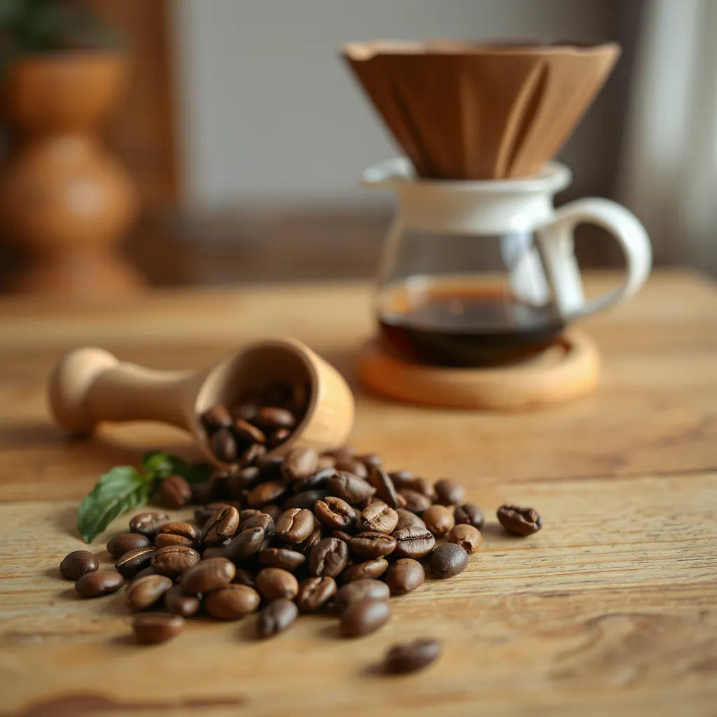Single origin coffee beans on a wooden surface with a scoop and dripper in soft background light