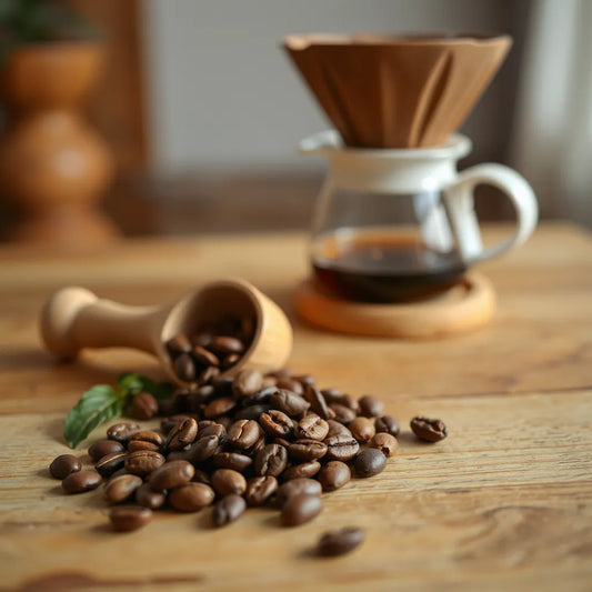 Single origin coffee beans on a wooden surface with a scoop and dripper in soft background light