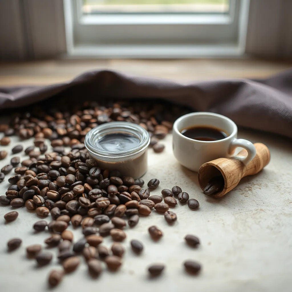 Dark roast coffee beans with a small cup of black coffee and a wooden scoop on a neutral background