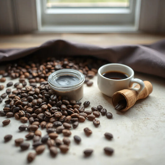 Dark roast coffee beans with a small cup of black coffee and a wooden scoop on a neutral background